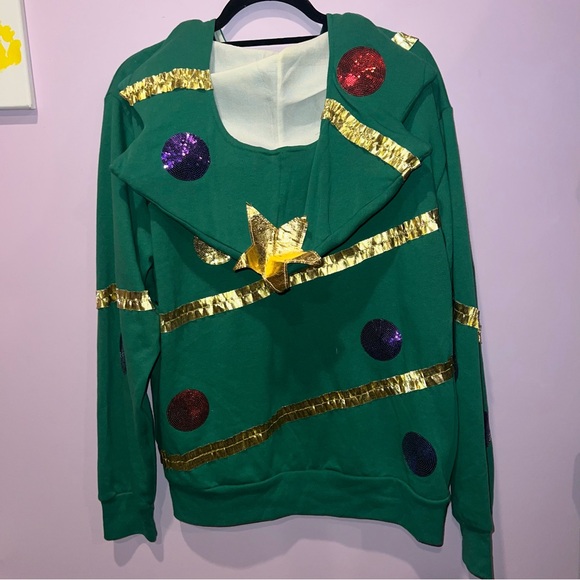 MAD Xmas Christmas Tree Hoodie Sweatshirt Green Sequins Gold Trim Small Zip Up - Picture 7 of 12